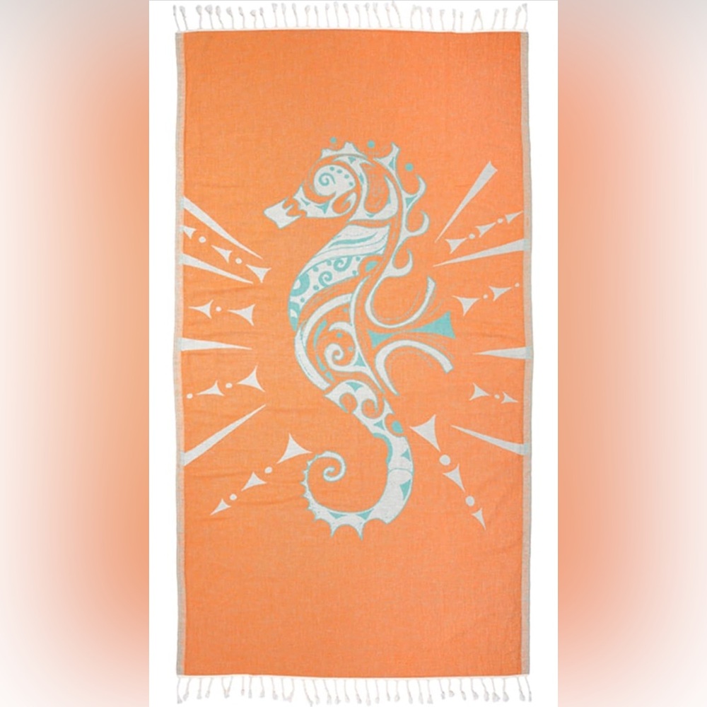 Vibrant Orange and Blue Beach Towel with Seahorse Design